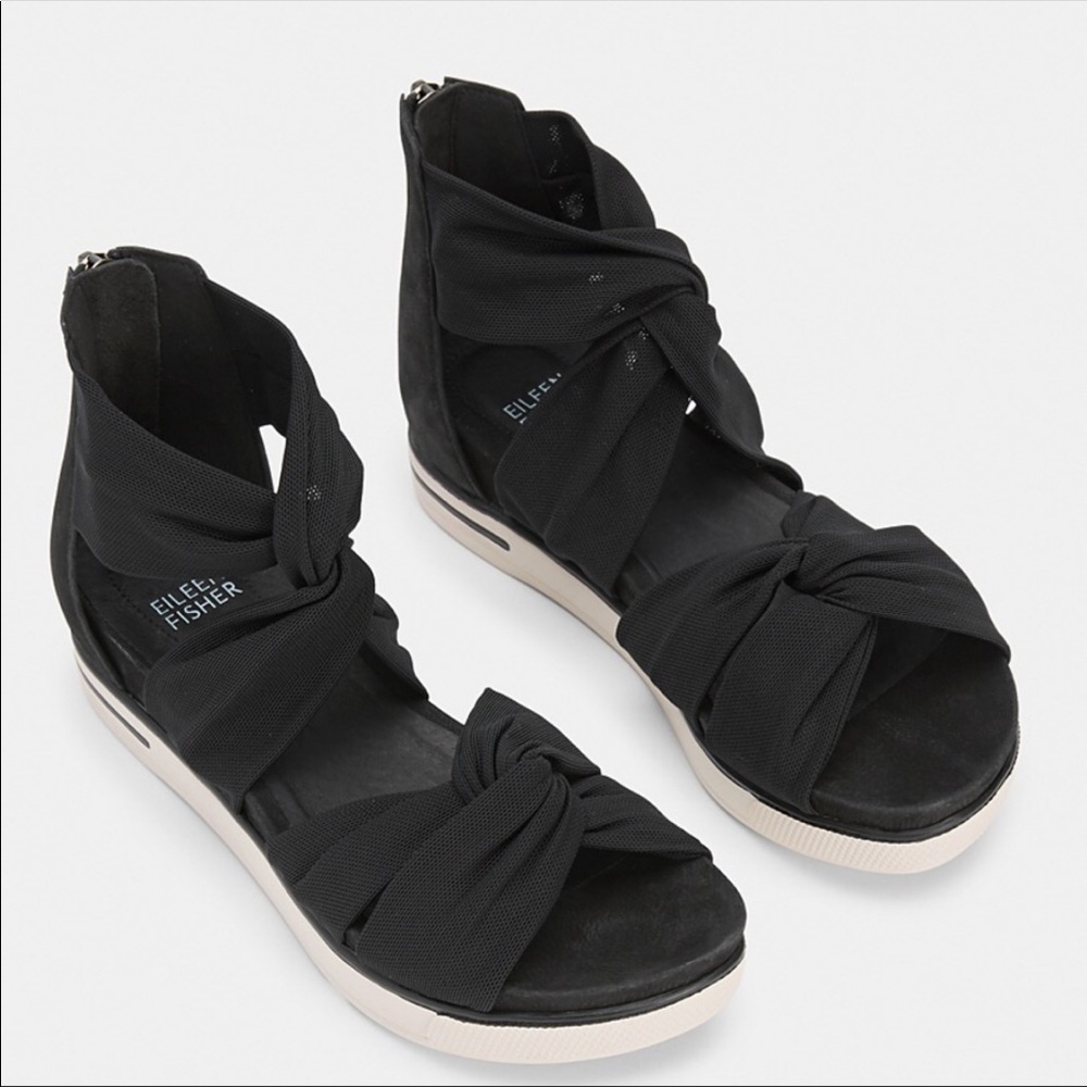 Eileen Fisher Mesh Twisted Leather Black Sandals 8.5